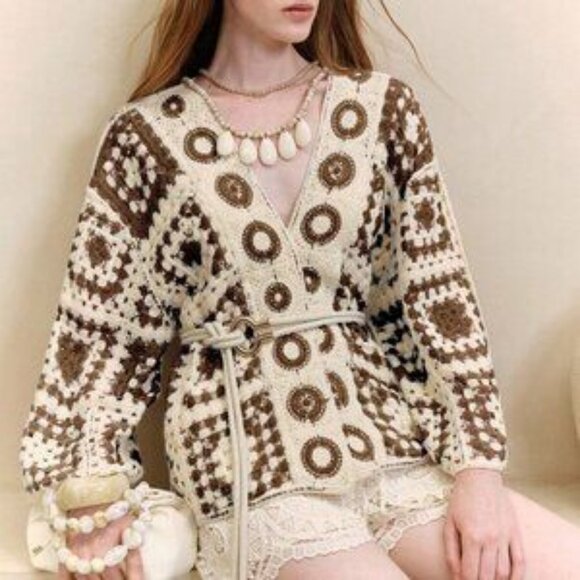 Coffee Brown Casual Women's Geometric Crochet Dolman Sleeve Cardigan - Picture 1 of 7